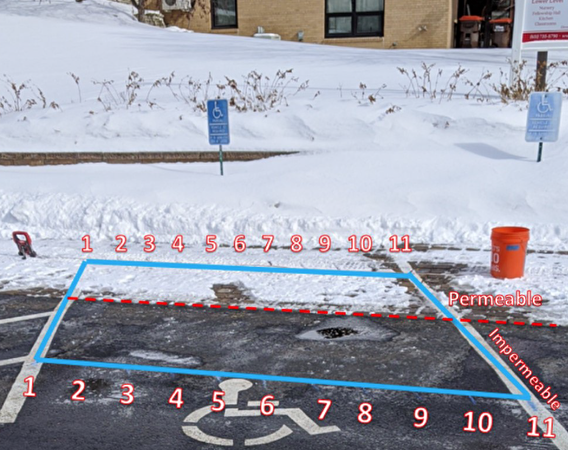 Snow cover on permeable versus regular pavement in a parking lot