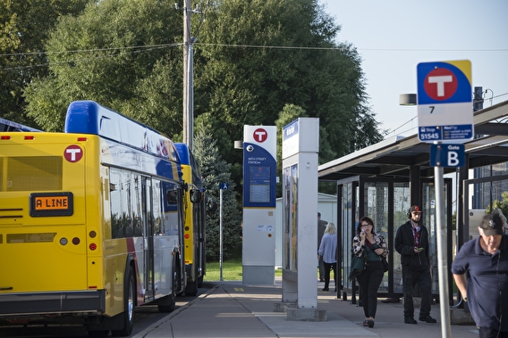 Metro Tranist bus pulled into a bus stop