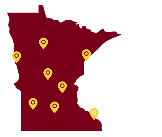 Map of Minnesota with markers showing all eight Drive MN stops