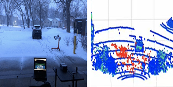View of a snowy street (left) and its 3D lidar image (right). 